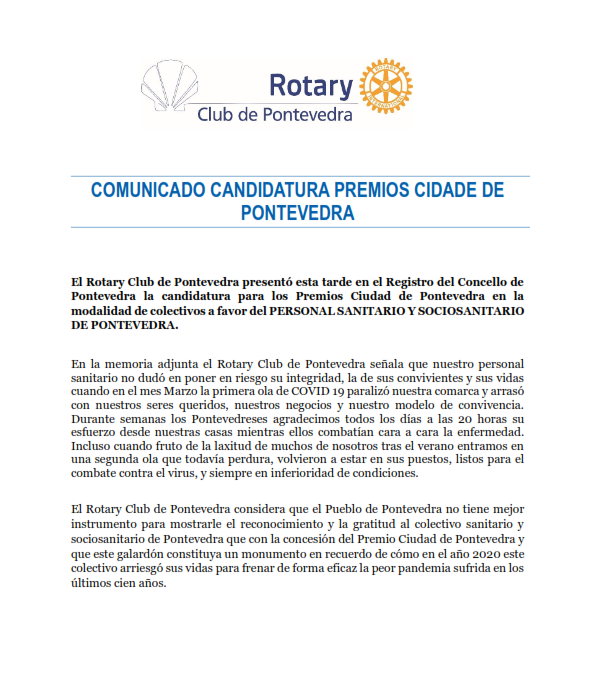 EL ROTARY CLUB DE PONTEVEDRA SOLICITA EL PREMIO CIUDAD DE PONTEVEDRA PARA EL COLECTIVO SANITARIO Y SOCIOSANITARIO