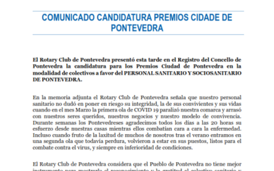 EL ROTARY CLUB DE PONTEVEDRA SOLICITA EL PREMIO CIUDAD DE PONTEVEDRA PARA EL COLECTIVO SANITARIO Y SOCIOSANITARIO